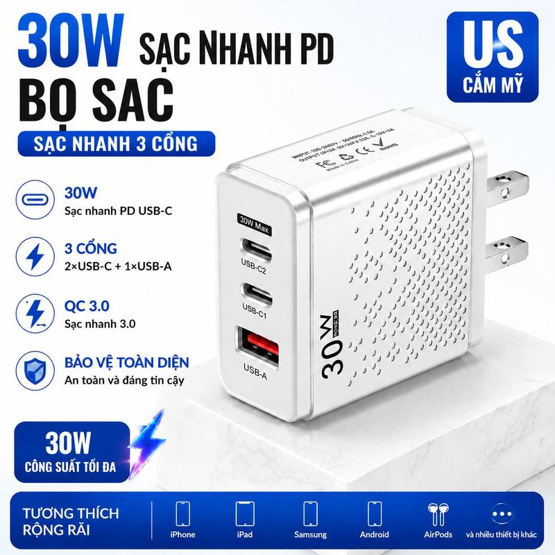 Bộ sạc USB Type‑C 30W PD sạc nhanh, 3 cổng hỗ trợ sạc nhanh 3.0, dành cho iPhone và samsung, phích cắm EU/US/UK, bộ chuyển đổi tường du lịch