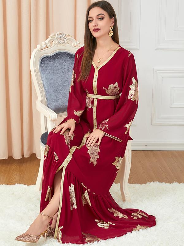 Baju Raya Middle East Dubai Muslim women's clothing with belt abaya fashion high-end hot stamping dress 5