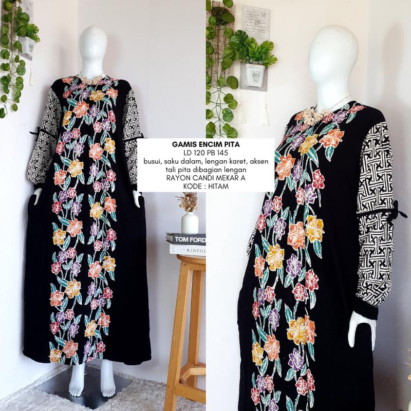 gamis encim pita  LD 110-120 | busui friendly | gamis batik cap colet premium rayon candi mekar Muslim Dress Wanita 0