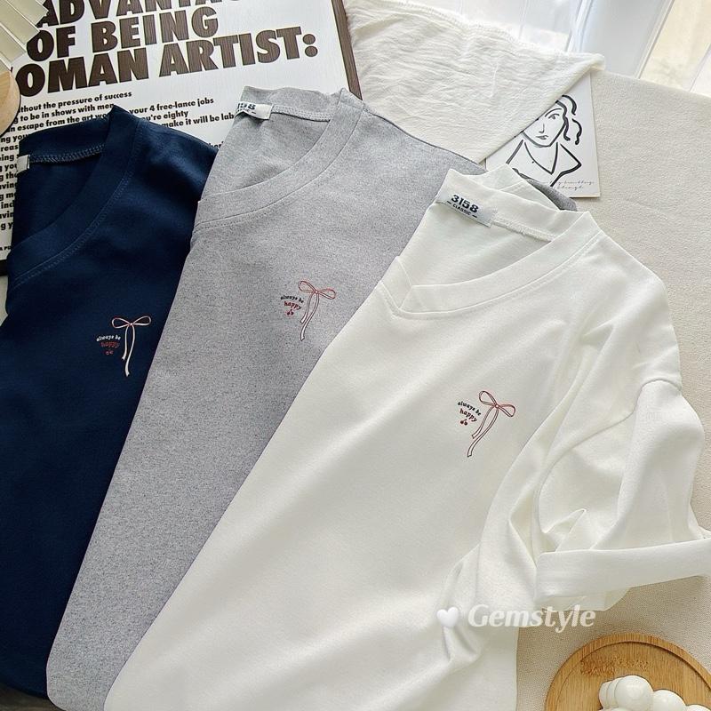 Áo thun 3158 CỔ TIM NƠ HAPPY mới form rộng tay lỡ, cotton khô thoáng mát ,dễ mix đồ dưới < 60kg