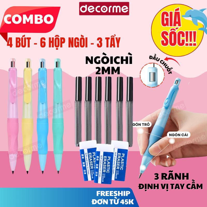 Combo 4 bút chì cá heo kèm 6 hộp ngòi và 3 gôm tẩy cho bé tập viết Decorme giúp bé cầm bút đúng tư thế viết lâu không đau không mỏi tay đồ dùng học tập văn phòng phẩm