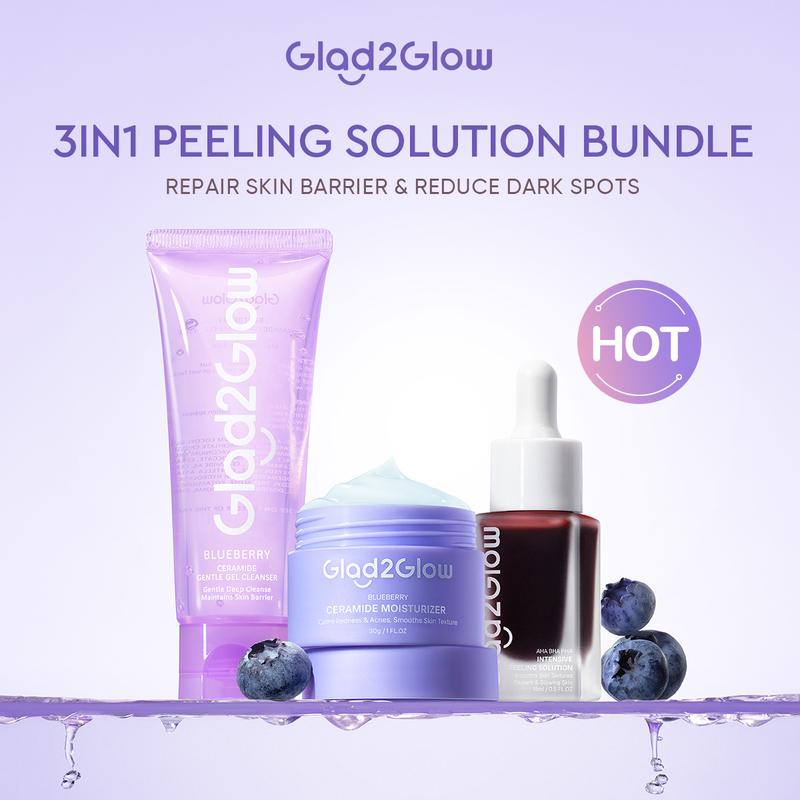 [New] Glad2Glow 3 in 1 Peeling solution Bundle - 3Pcs Barrier Skincare Paket-Peeling solution+Blueberry Moisturizer+Cleanser Ceramide Kering Membersihkan Wajah Acid Cooling Kotoran Mencerahkan Glycolic Melembutkan Berjerawat Extract Pha Lactic Exfoliating 1