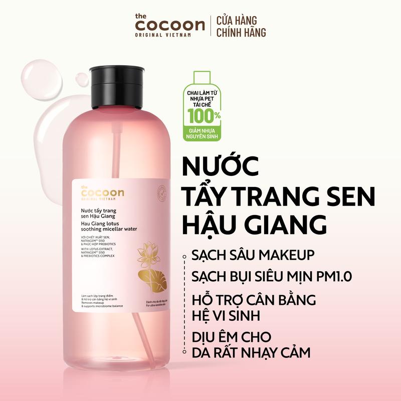Supersize Nước Tẩy Trang Sen Hậu Giang sạch bụi siêu mịn PM1.0, có prebiotics dịu êm cho da rất nhạy cảm Cocoon 1000ml