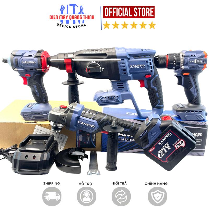 DEAL ComBo KAMPRO Máy Mài K96100PRO Máy Siết Bulong K888 Máy Khoan 10Li K21pro Khoan Bê Tông K9626 Kèm Pin 20Cell Sạc - Động Cơ Không Chổi Than Chân Pin Phổ Thông