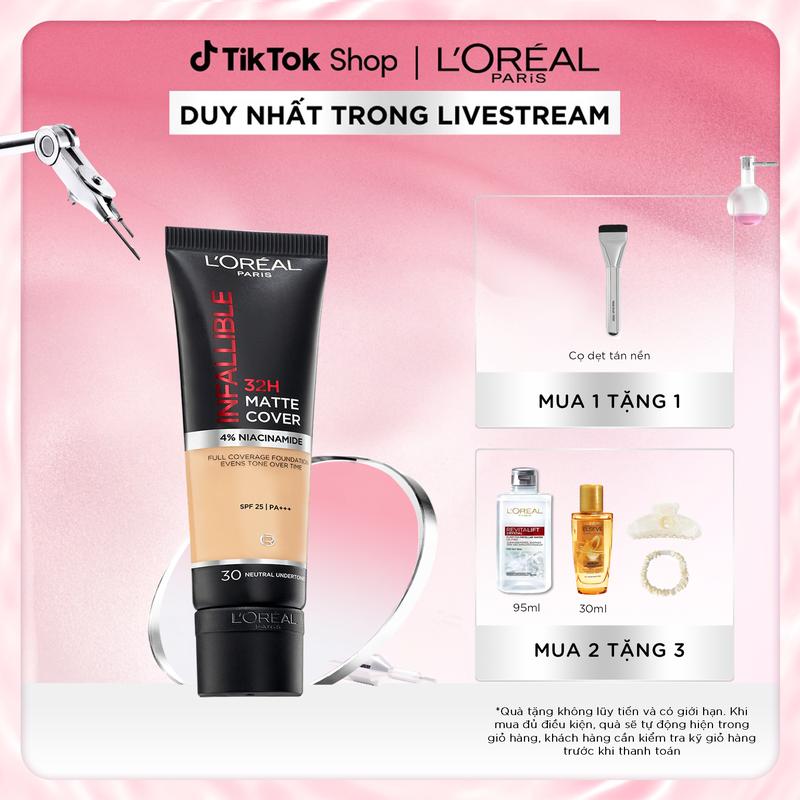 KEM NỀN CHE PHỦ CAO, KIỀM DẦU LÂU TRÔI VỚI 4% NIACINAMIDE L’OREAL PARIS 32H MATTE COVER FOUNDATION 30ml