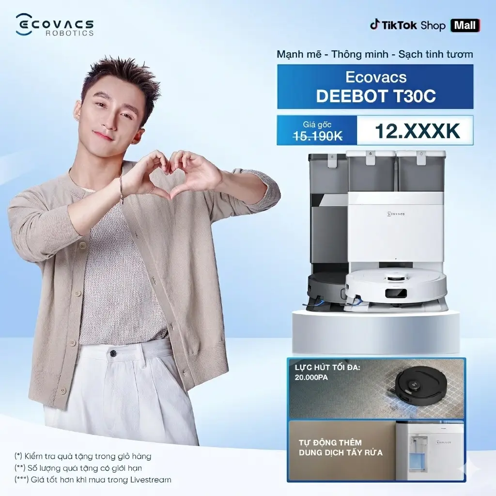 Robot hút bụi lau nhà Ecovacs Deebot T30C 2026 - 20000Pa - ZeroTangle 3.0 - Giặt giẻ nước nóng - BH chính hãng