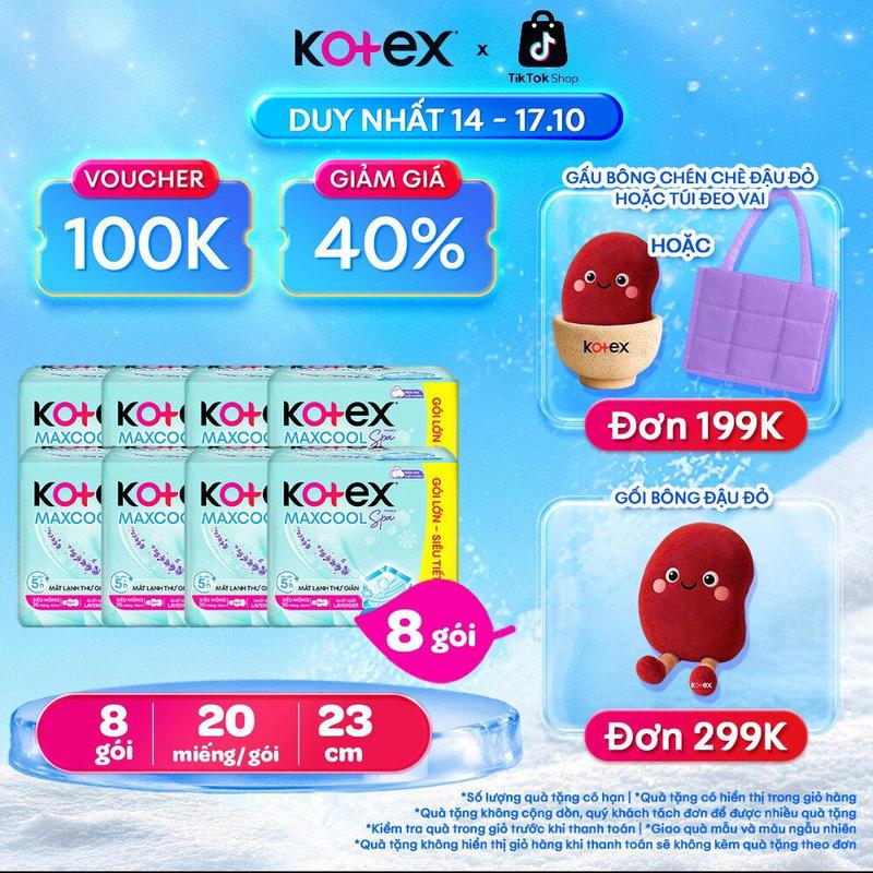 [QUÀ TẶNG HOT] 8 gói băng vệ sinh nữ Kotex Maxcool French Spa ban ngày 23cm Siêu Mỏng Cánh, 20 miếng/gói, Mặt bông, Thấm hút tốt, Chống tràn, Khử mùi, mát lạnh êm, bvs kinh nguyệt nhiều, miễn phí vận chuyển, chính hãng, tampon.