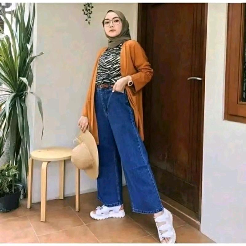 Celana Jeans Kulot Panjang  Wanita Lipat  Tebal dan Lembut 0
