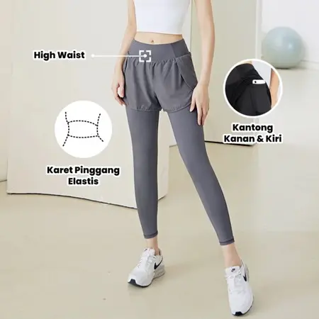 Celana Olahraga Wanita 2 In 1 High Waist Polos, Legging + Inner Celana untuk Gym, Bersepeda, dan Yoga. Bahan Cepat Kering, Nyaman dan Stylish untuk Aktivitas Olahraga Anda! Outdoor Pakaian Sport 4