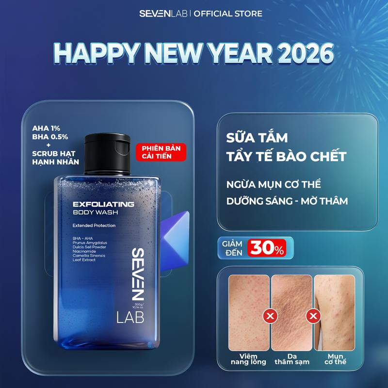 SEVENLAB Sữa Tắm Tẩy Tế Bào Chết Ngừa Mụn Lưng Mờ thâm Sáng Da Nam Giới 300g - Giảm Mụn Hiệu Quả Cấp Ẩm Dưỡng Da Sáng Mịn với Salicylic Acid & Niacinamide