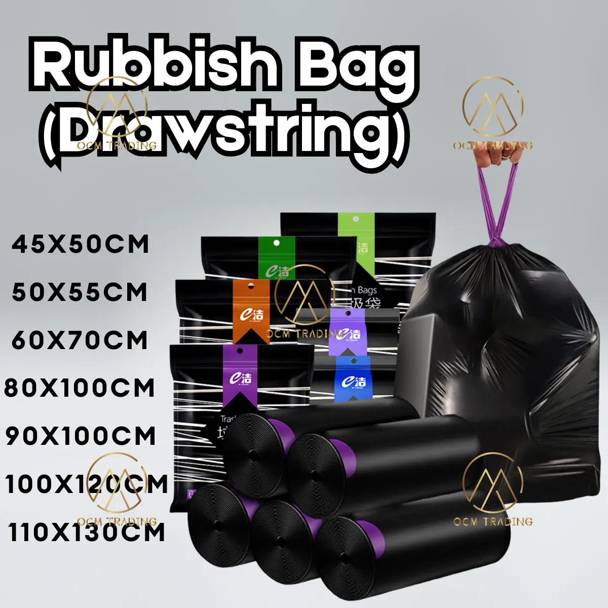 OCM Durable High Capacity Multiple Sizes Black Drawstring Rubbish Garbage Rubbish Dustbin Basket Plastic Bag Roll for Kitchen Toilet Car Plastik Sampah