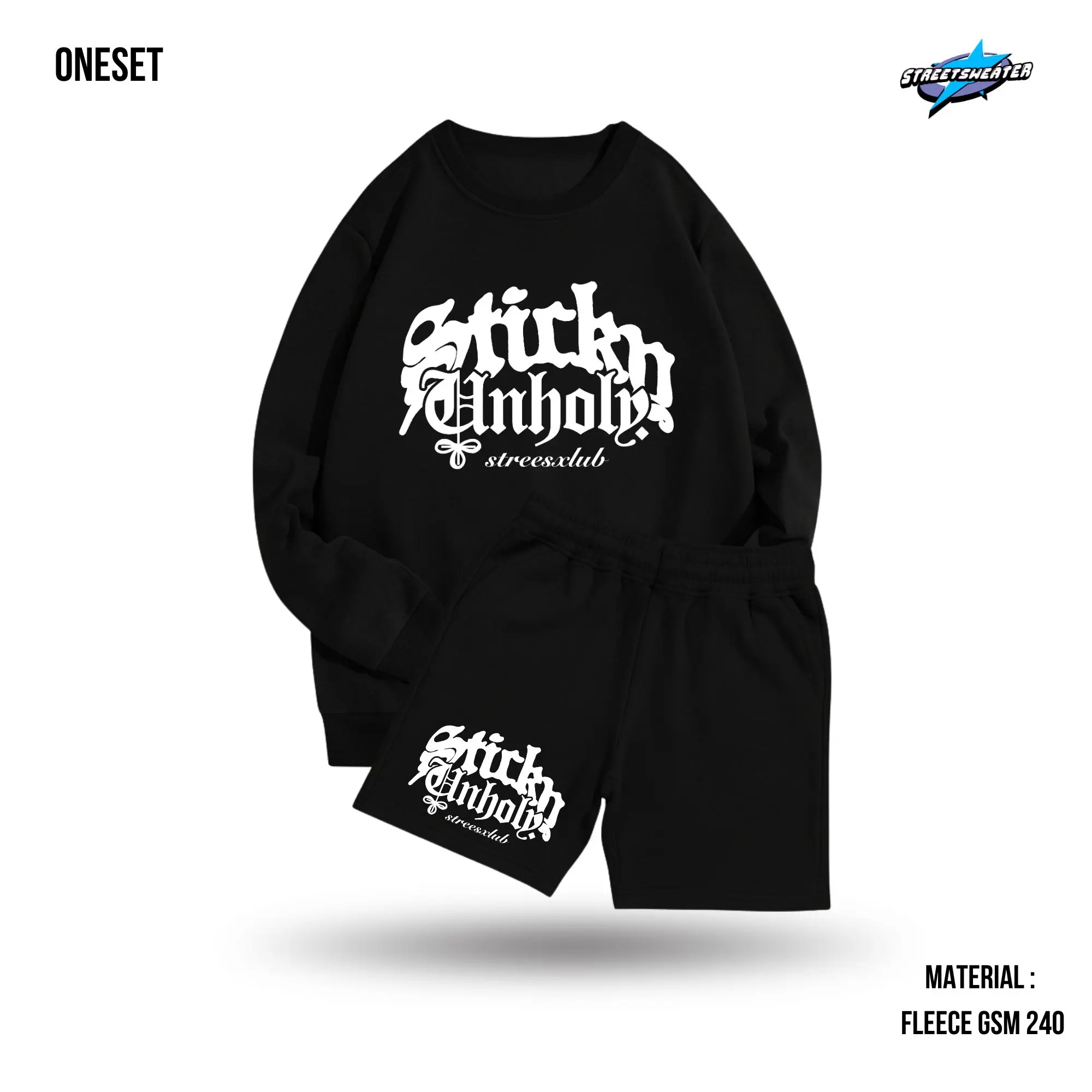 StreetSweater One Set Crewneck & Shortpant Stick Setelan Berbahan Kain Fleece Lembut Adem Size M-XXL