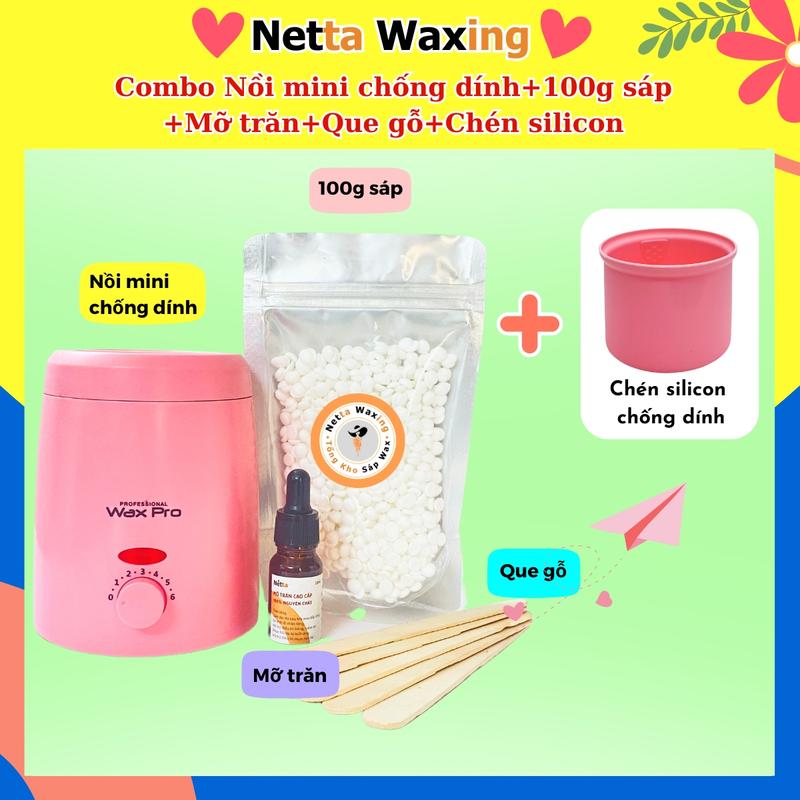 [TẶNG CHÉN] Combo Nồi/Máy nấu sáp+100g sáp wax+Mỡ trăn+7 Que gỗ Waxing- Wax nách, râu nam, bikini, wax tay Cạo Râu