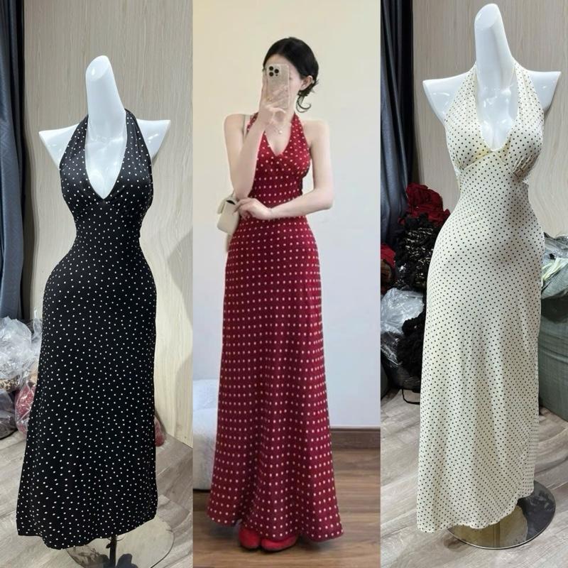   .  MÃ  079  ĐẦM cột cổ có mút CHẤM BI MAXI DÀI  đầm xinh đây  váy nữ xinh dự tiệc  đi biển  mặc thường 