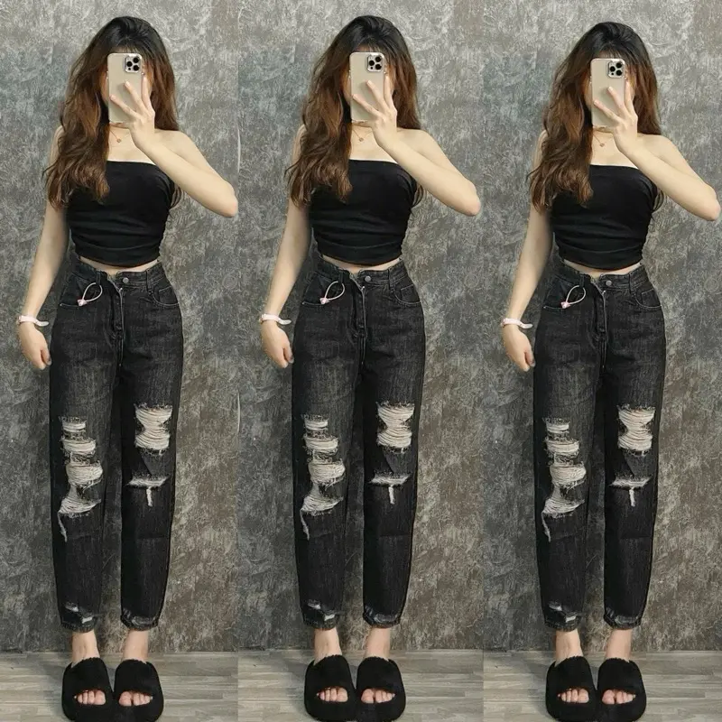 [Có bigsize] [030- 042] Quần Baggy Jeans Nữ QC Túi Kiểu Không Co Dãn Màu Đen Tiêu Pants Women 3
