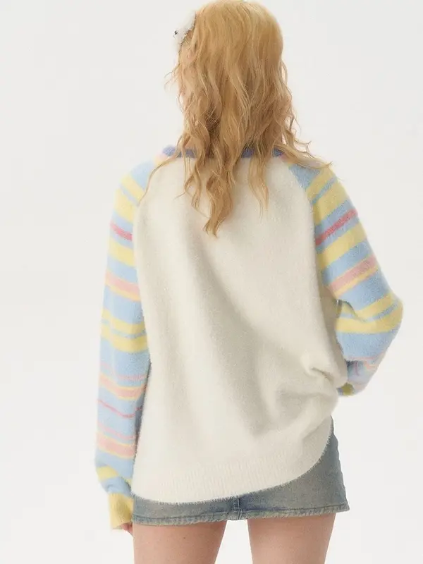 Lengan Panjang Raglan Bergaris Pelangi Tambal Sulam Wanita Musim Gugur dan Musim Dingin, Sweter Gaya Malas Baru 3