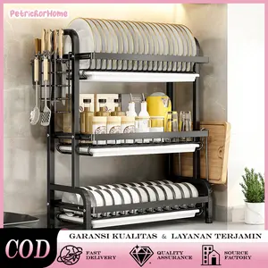 Rak Piring Stainless Steel 2 Tingkat + Bonus Aksesoris - Tempat Pengering Piring & Perlengkapan Dapur dengan Dasar Tiris | Kuat, Anti Karat, dan Hemat Tempat