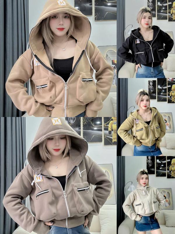 Áo Khoác Nỉ Túi Hộp - Áo Khoác Nữ Form Lửng Thêu Chữ 4 Túi, Nón To, Tay Xỏ Ngón fullsize Dưới 70kg SUSUSHOP Top Hoodie Zíp mã FL51- FL56. Women Có Túi