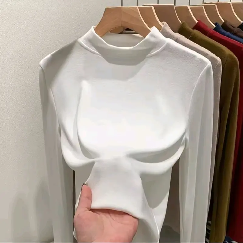 Atasan Wanita Kaos Manset Lengan Panjang Setengah Turtle Neck Top Model Classy & Santai Polos All Size - Oversize - Kerah, Baju, Tangan Katun T-Shirt Oblong Basic Hitam Simple - Pendek Cewek Tee Casual Formal Putih Rayon Stretch 4