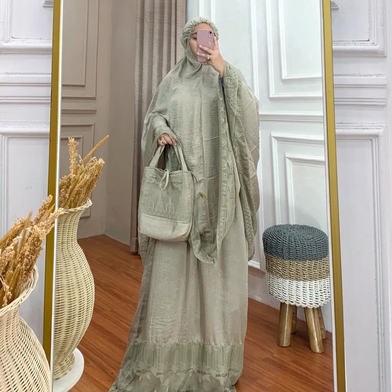 Aisyah mukena santorini silk set tas mukena hari raya terbaru 0