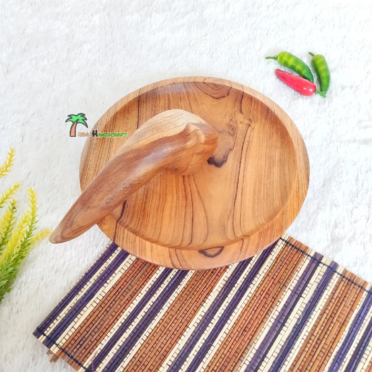 ARENHANDICRAFT Cobek + uleg kayu jati bulat 22cm Kitchenware