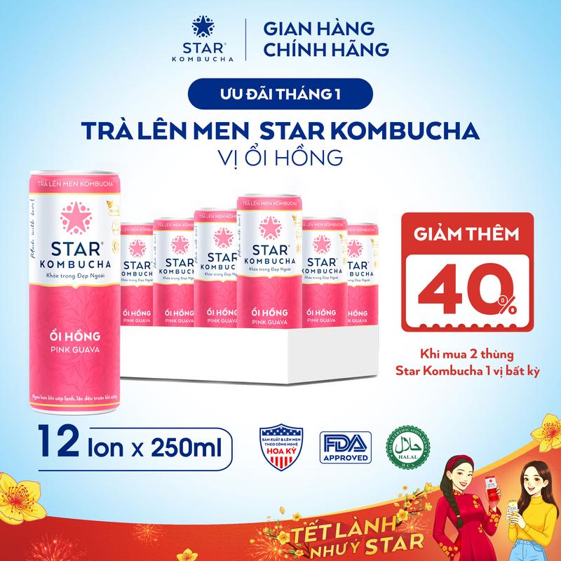  Thùng 12 lon trà STAR KOMBUCHA Ổi Hồng   Pink Guava  250ml lon  - Trà lên men vi sinh tự nhiên 
