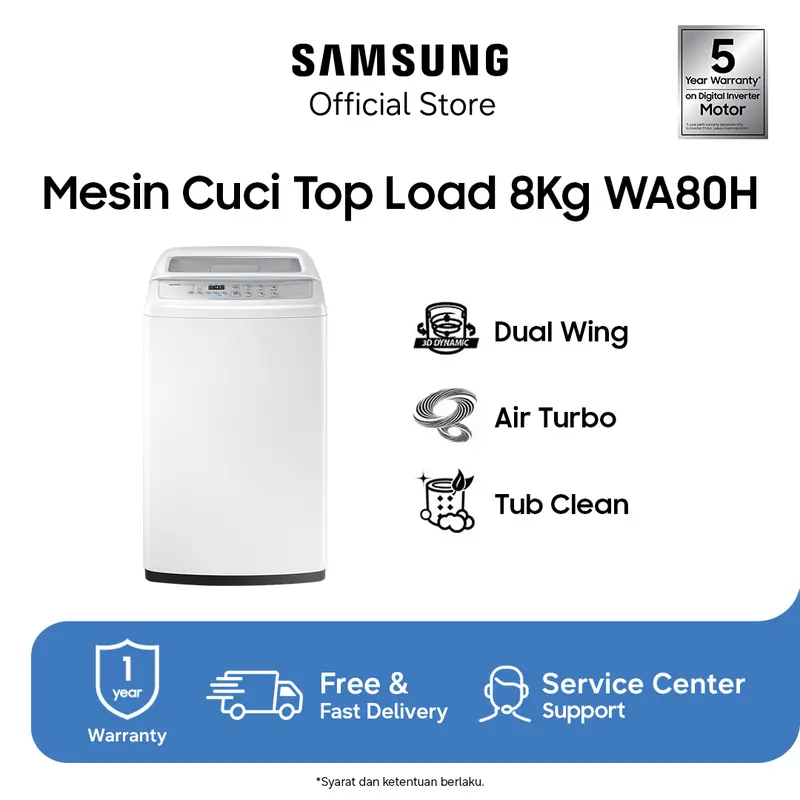 Samsung Mesin Cuci WA80 Top Load 8kg - WA80H4200SW/SE
