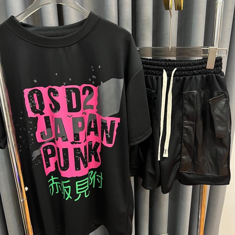 Bộ cộc áo BSQ chữ hồng mix quần sooc vá da chất thun lạnh mẫu new dành cho nam nữ fom unisex