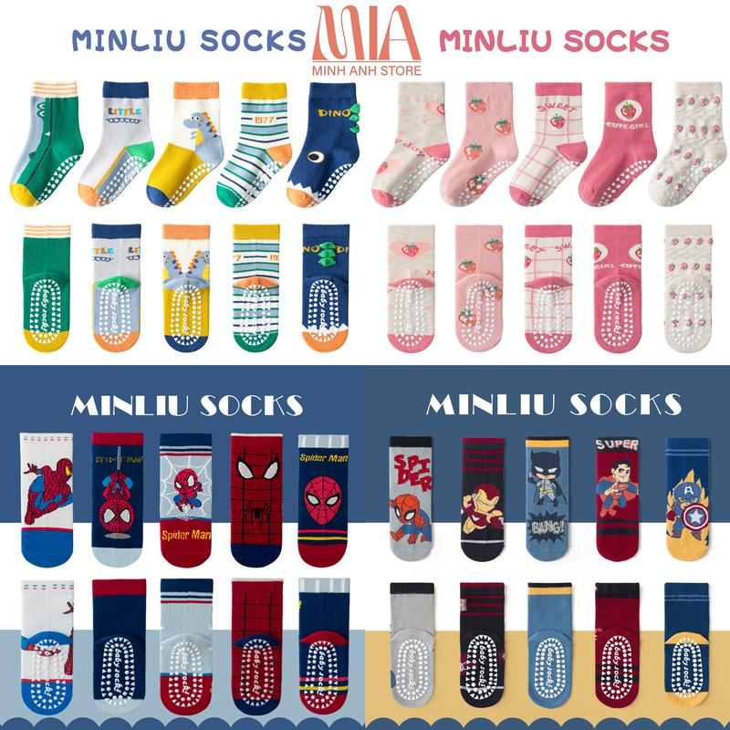   Set 5 Đôi  Tất chống trơn trượt cao cấp cho bé trai bé gái. Tất cổ cao trẻ em hãng Minlliu Siêu Nhân Khủng Long 1-8 Tuổi 