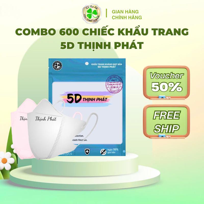 COMBO 600 CHIẾC KHẨU TRANG 5D THỊNH PHÁT 3 Lớp - Chất Liệu Vải Không Dệt - Kiểu Dáng 3D Thông Minh - An Toàn & Thoải Mái - Free Ship