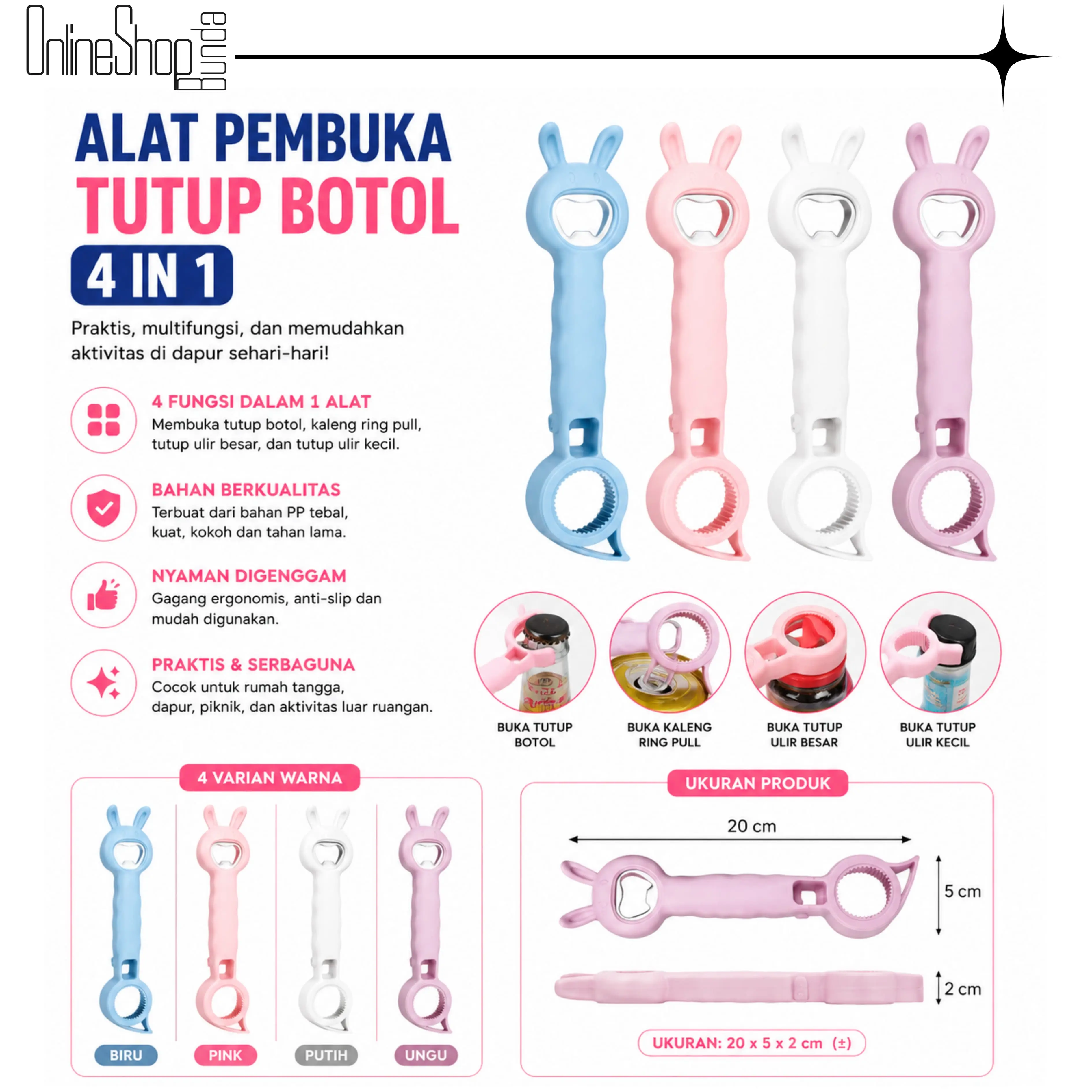 Multifungsi Kreatif Pembuka Botol 4 in 1 Dapat Membuka Minuman Bir Rumah Tangga Juice Cap Pembuka Telinga Kelinci Lucu