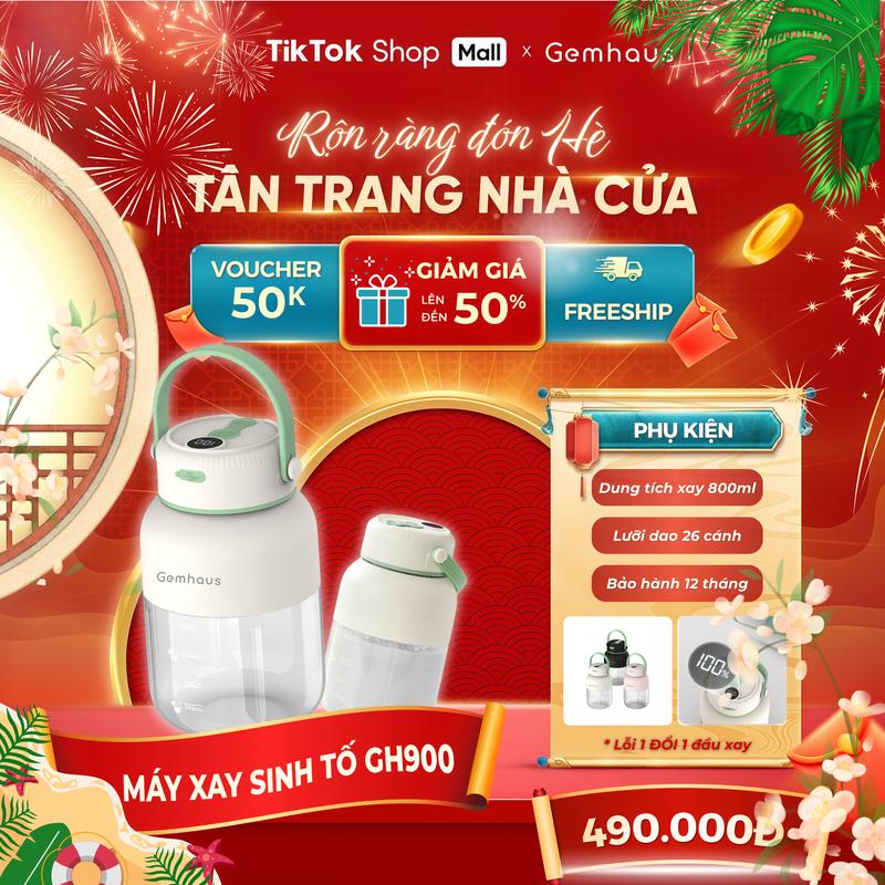 Máy xay sinh tố mini dùng pin GEMHAUS GALAXY GH900 dung tích xay 800ml, dung tích đựng 1100ml, kèm nắp đậy có quai cầm và ống hút, bảo hành 12 tháng, hiển thị pin trên màn hình