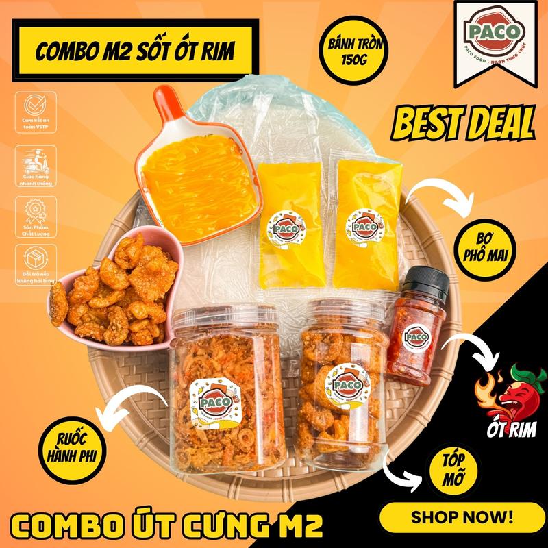 Tổng Hợp Combo bánh tráng phơi sương nhà Paco Food gồm bánh tráng+ ruốc hành phi ăn kèm bơ phô mai và tóp mỡ kèm sốt- ăn vặt ngon chất lượng giá thành hợp lý