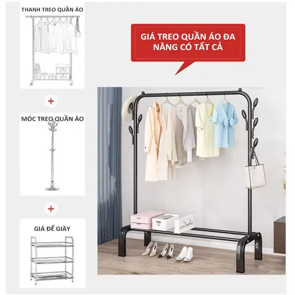 Giá treo quần áo khung kim loại nhập khẩu sơn tĩnh điện bền đẹp Giá treo đồ tích hợp để giày thông minh tiện lợi 2