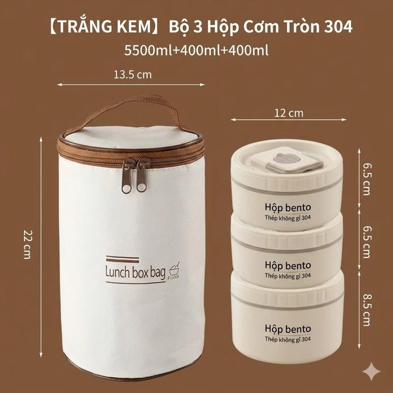 Bộ 3 Hộp Cơm Tròn 304 400ml+400ml+400ml + Thìa + Đũa Hộp Cơm 3 Ngăn Có Túi Lunch Box