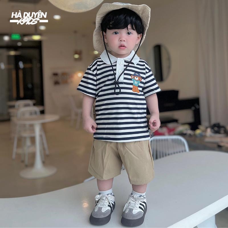 [HaDuyenKids]Bộ Cộc Tay Cho Bé Trai Polo Gấu Quần Kaki Chất Vải Cotton Co Giãn 4 Chiều