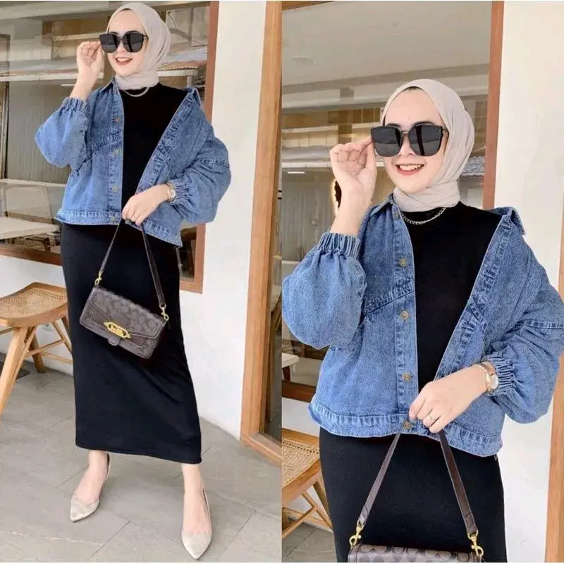 Jaket Jeans Vintage Oversize Jacket Jins Wanita Denim Panjang lengan Balon Kekinian Korean style Kancing Outer Atasan Kantong 2