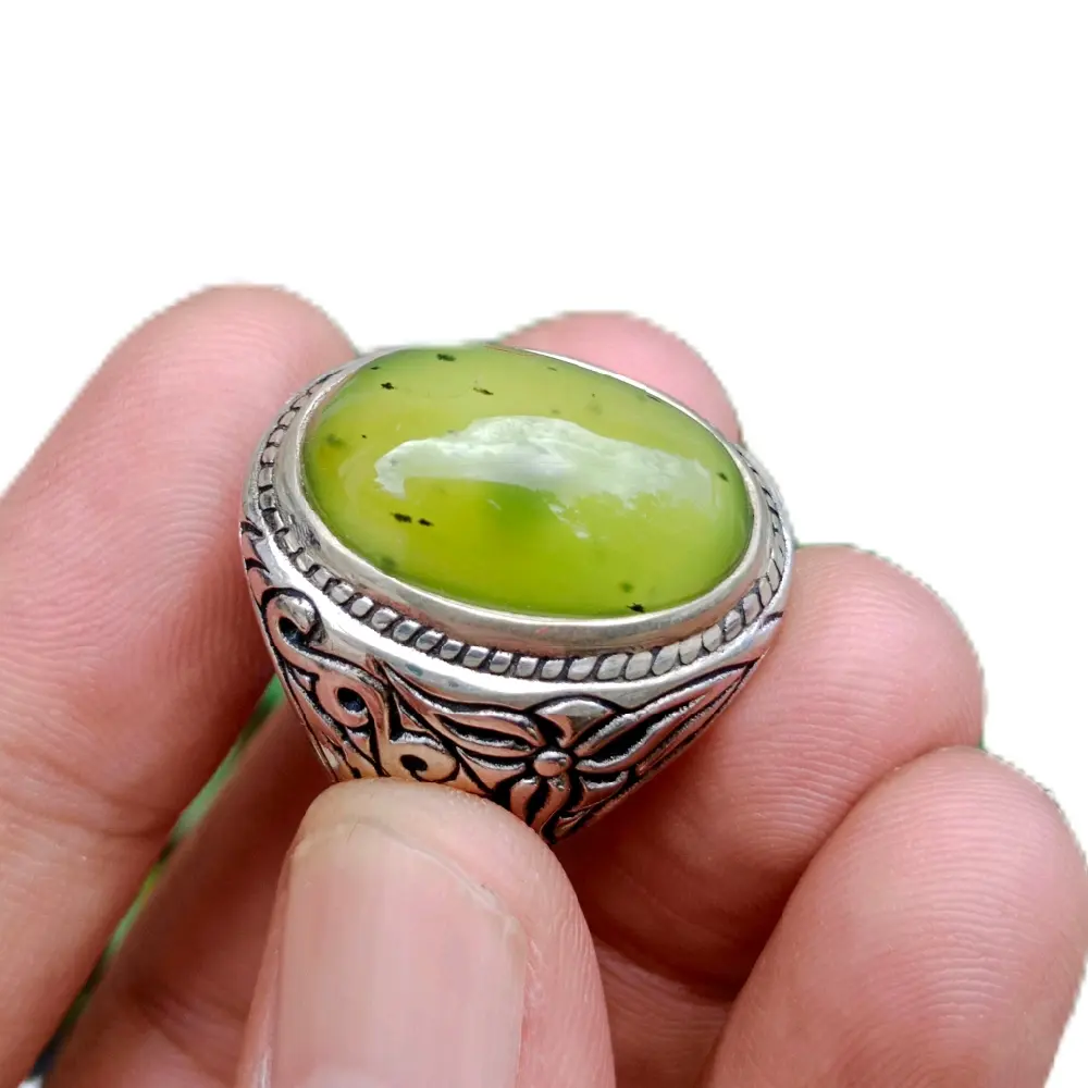 Cincin akik Serfentine green Apple totol selasih kristal ring alpaka super