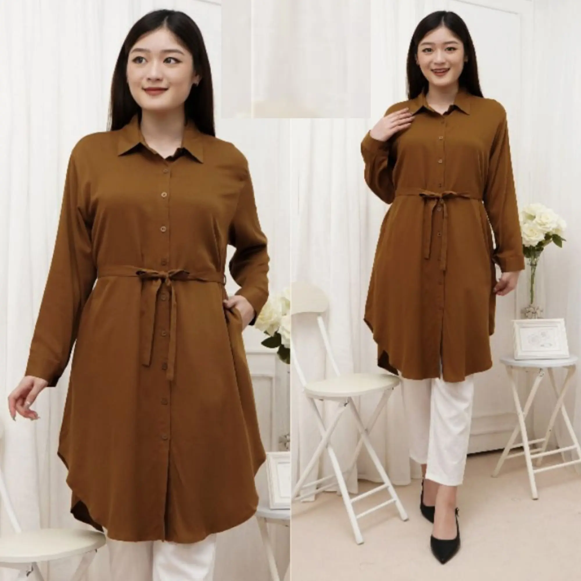 Atasan Tunik Kemeja Oversize Big Size Wanita Muslim Lengan Panjang Tali Pinggang Polos Matt Shakila Twill Variasi Kancing Aktif