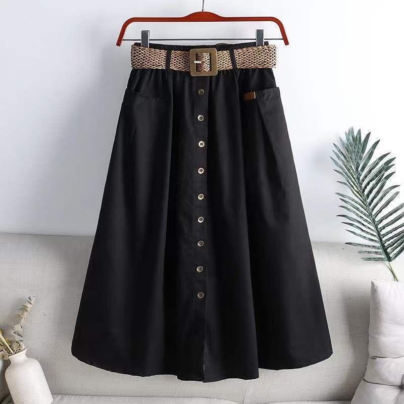 กระโปรงผ้าฝ้าย3XL เอวสูง ยางยืด กระเป๋าใหญ่ สไตล์เกาหลี แฟชั่น บาง อเนกประสงค์ ผ่ากลาง ยาว M 2