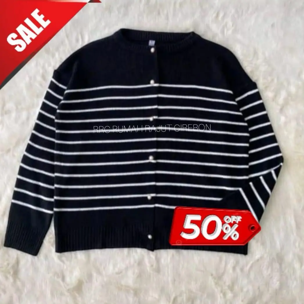 RRC Atasan Wanita Cardigan Rajut Motif Setrip Kancing Hidup Gemes Kardigan Panjang Top Knitwear Oversize Baju Sweater Outer Crop Nyaman Hitam