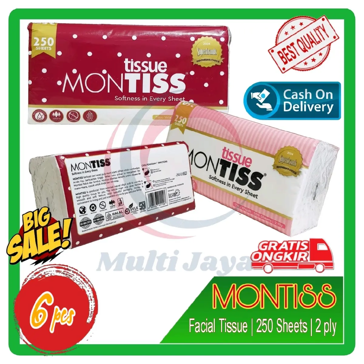 [ PAKET 6 PCS ] Tissue montiss 250 sheet 2 ply | tissue wajah Lembut 2 Lapis