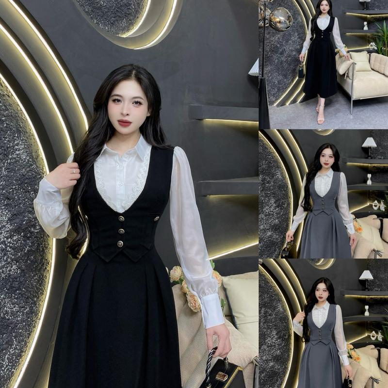 D38 - Váy Thiết Kế Evii dành cho nữ, Đầm thiết liền thân cổ đức phối tơ viền ren trước ngực dáng A xoè dài phù hợp đi làm, đi chơi và đi dự tiệc. Có Bigsize Women Dress