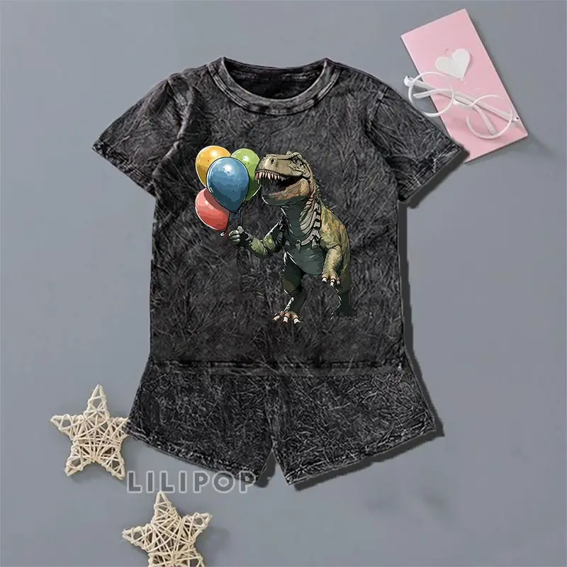 Majin  Fashion Anak Unisex Stelan Stone Wash 3/4 Cocok untuk Anak Laki-laki dan Perempuan DINO TREX Stylish Setelan 5