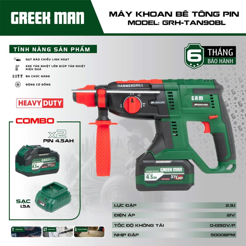 DEAL LIVE Máy khoan bê tông pin Greekman Tan90 lực đập 2,9J tốc độ không tải 0-1350V p bảo hành 6 tháng bộ 2 pin 1 sac