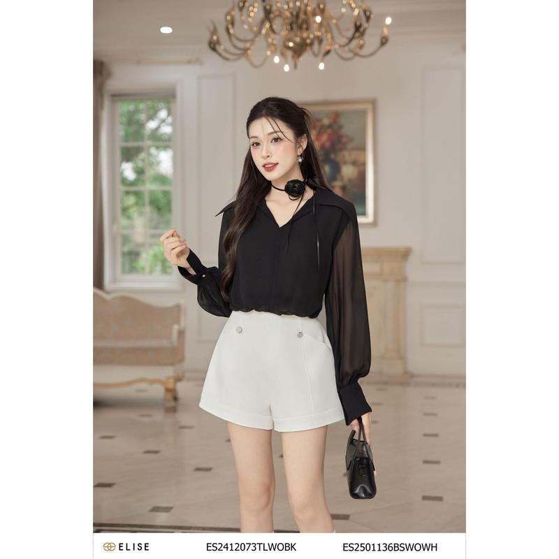  Áo sơ mi chiffon đen cổ nhọn chun gấu thiết kế Elise mã sản phẩm ES2412073TLWOBK 