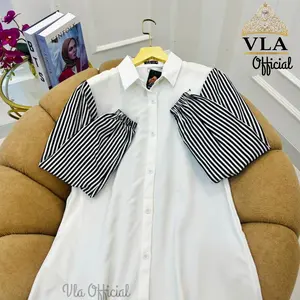 VLA - OLLA Gamis Kemeja Wanita Kekinian Jumbo LD 110 120 130 Bordir Full Kancing Elegan Terbaru Viral 2025 OLLA GAMIS BORDIR Hitam Putih Mewah