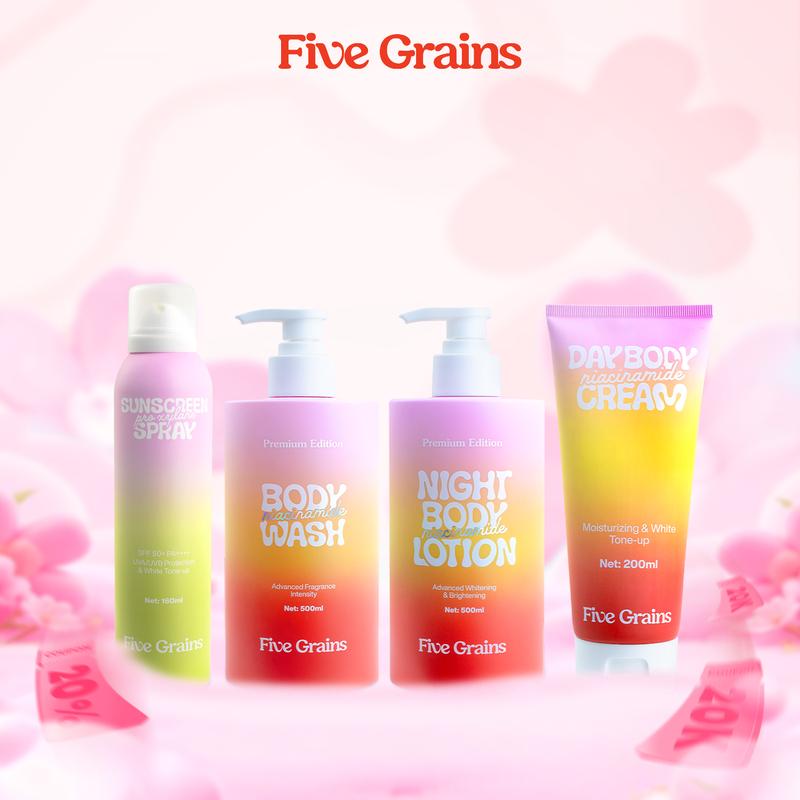  I  Combo giúp sáng da tái tạo và bảo vệ toàn diện Niacinamide Alpha-Arbutin Five Grains Sữa tắm 500ML & Kem dưỡng ban ngày 200ML & Kem dưỡng ban đêm 500ML & Xịt chống nắng 160ML  - A10 