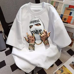 Baju Atasan Gaya Amerika T-shirt Katun Lengan Pendek Model Kerah Bulat dengan Desain Pose Keren (Gaya Keras) Cetak Fit Kaos