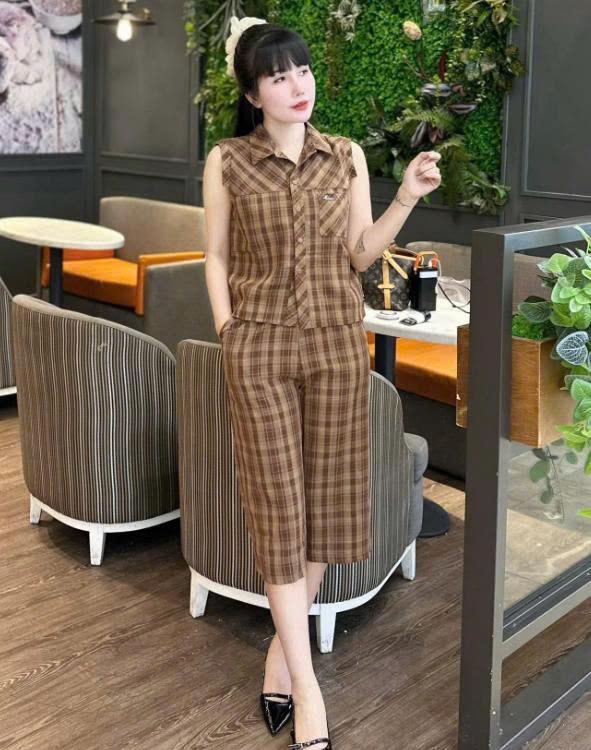 Bộ Nữ Mặc Nhà Bộ Kẻ Caro Áo Sơ Mi Sát Nách Quần Lửng Chất Mát Không Nhăn Top Women set đồ đẹp Mã BH11